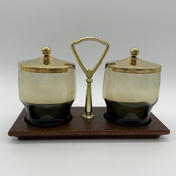 Other - Vintage Condiment Serving Dish Wood Tray Smokey Glass Bowls Retro Gold Brown